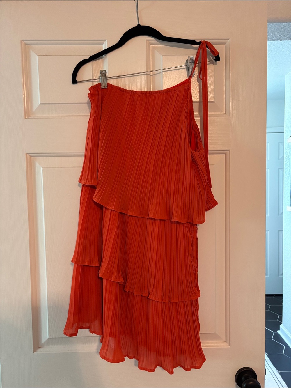 One-Shoulder Tiered Pleated Dress - Bright Orange